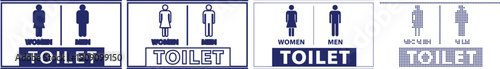 Four navy blue toilet signs, solid outline line art and pixelated styles, men women restroom icons and text