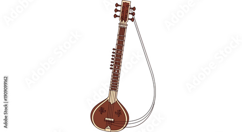 Indian Sitar Musical Instrument isolated on white background, traditional string instrument