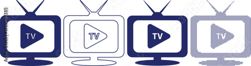 Old television icon set with antenna and play button displayed on screen showing different creative design styles