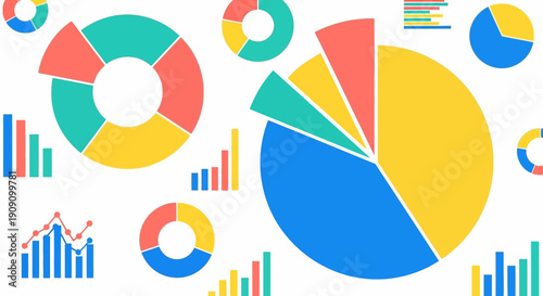 Colorful data visualization chart icons including pie charts and bar graphs, perfect for business and financial analysis