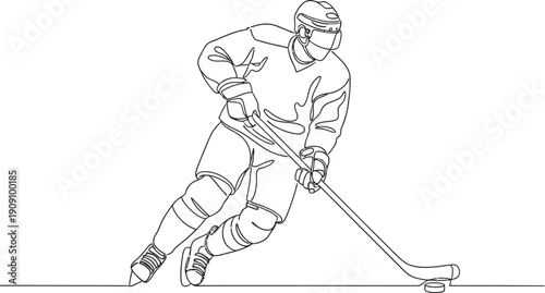 Single line drawing illustration shows a hockey player skating fast and controlling the puck with his hockey stick on ice.

