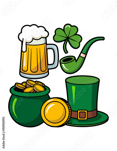 St patricks day celebration with beer, coins, and a leprechaun hat