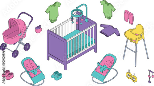 Baby nursery furniture collection with crib stroller and toys, infant care vector illustration set, isolated childcare equipment bundle