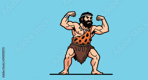 Muscular prehistoric caveman flexing his arms in a bodybuilding pose wearing leopard print fur clothing on a blue background.