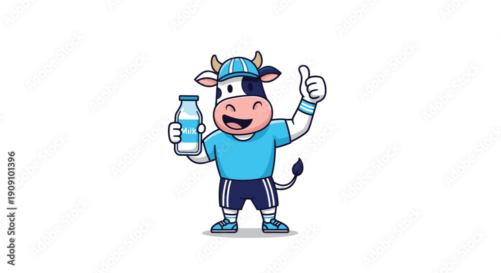 Fototapeta premium Friendly dairy cow character wearing sports clothes holding a bottle of fresh milk and giving a thumbs up sign of quality.