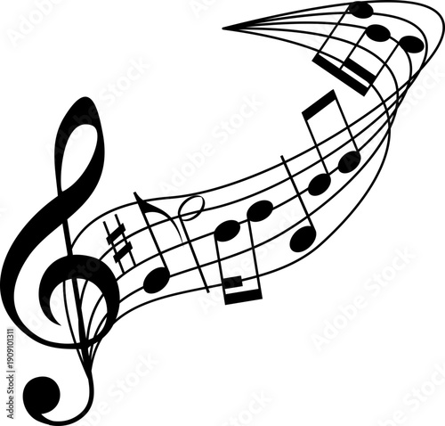 representing audio and music elements, including a detailed headset with microphone, a single earphone, musical notes, speaker volume symbols, and various sound.Sound wave animation.Audio sound wave.