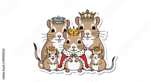 A Royal Gerbil Family Portrait Wearing Crowns and Majestic Robes in a Cartoon Style
