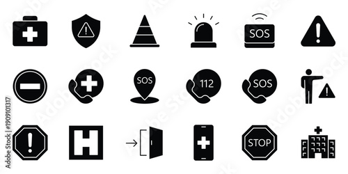 Emergency web black solid icon set. Accidents and safety emergency icon set. Medical healthcare emergency icons. 
