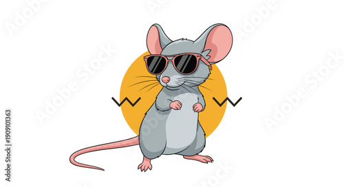 Cool grey mouse character wearing stylish pink sunglasses and standing confidently against an orange circular background.