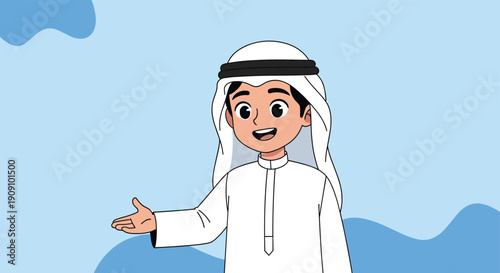 Friendly young Arab boy wearing a traditional white thobe and ghutra gesturing with his hand and smiling warmly.