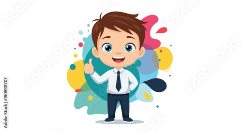 Happy young boy wearing a professional white shirt and necktie gives a enthusiastic thumbs up gesture against a vibrant paint splash backdrop.