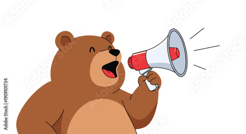 Friendly brown bear character shouting through a red and white megaphone to make an important announcement or give a loud warning to others nearby.