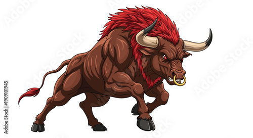 Fearsome and muscular brown bull with a fiery red mane and glowing red eyes charging ahead with great power and determination on a white background.