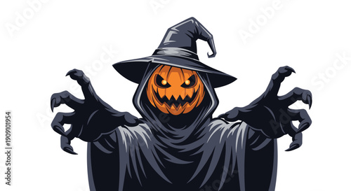 Spooky Halloween character with a glowing carved pumpkin head wearing a dark hooded cloak and reaching out with scary clawed hands toward the viewer.