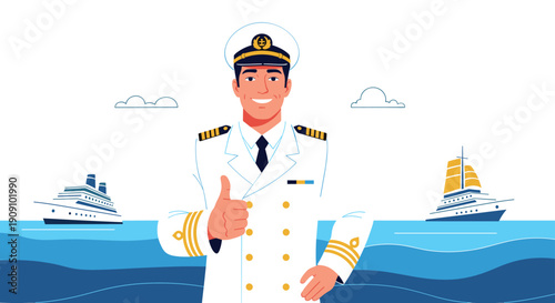 Confident ship captain in a white dress uniform and hat stands before a blue sea with cruise ships in the background while giving a thumbs up sign.