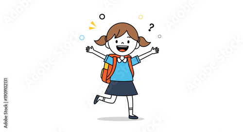 Happy little schoolgirl with pigtails wearing a blue uniform and backpack jumps for joy while celebrating her academic success and school life.
