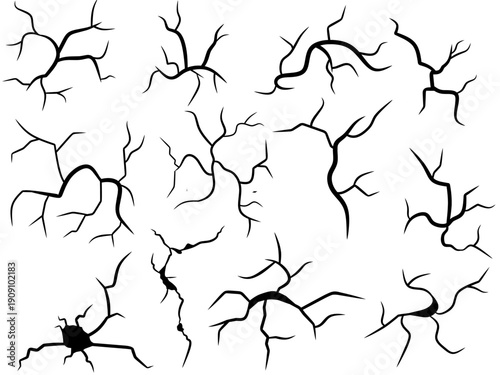 Black crack patterns on white background with jagged lines and fractures. Perfect for texture, damage effects, and creative graphic design use