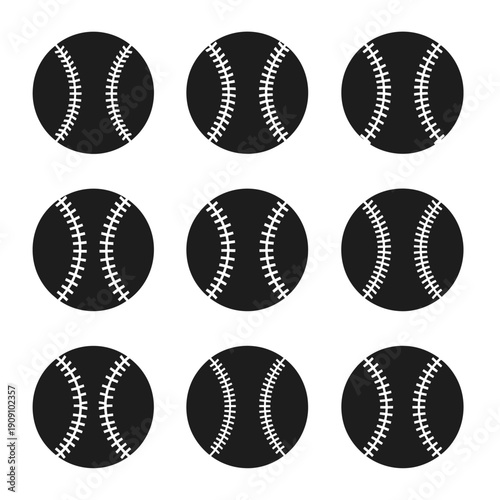 Nine Black Baseballs Arranged in a Grid Pattern on White Background