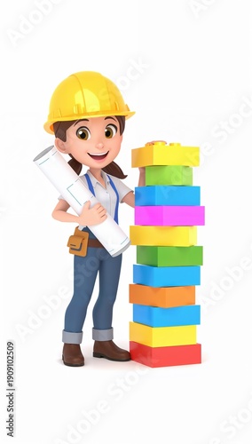 Construction worker girl with blueprint and colorful building blocks tower