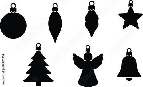 Set of Six Black Silhouette Christmas Ornaments with Heart Toppers for Holiday Decoration and Crafting Designs

