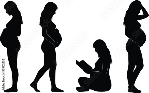 Pregnant woman silhouette set collection, maternity female mother, standing walking reading pregnancy vector illustration isolated bundle design clipart