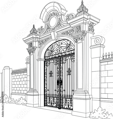Ornate classic gate facade line art illustration featuring decorative architectural entrance ironwork vector isolated historic elegant exterior design element