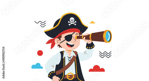 Young boy dressed in a pirate costume with a hat and eye patch looking through a telescope to find hidden treasures on a white background.