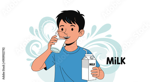 Healthy young boy smiling while drinking a glass of fresh white milk and holding a milk carton with water splash background elements.