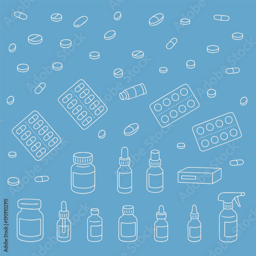 Vector illustration of various medical supplies including bottles, pills, and blister packs on a blue background. Ideal for healthcare, pharmacy, and medicine-themed projects.