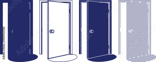 Open door entrance icon set with solid outline and dotted versions for interior design and architecture navigation
