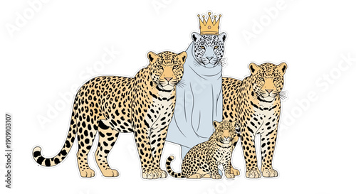 A regal family of leopards, crowned and adorned in draped fabric, stand together