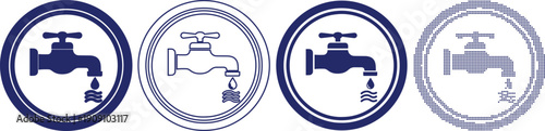 Water tap plumbing icon set featuring solid outline and halftone styles for environmental and utility conservation