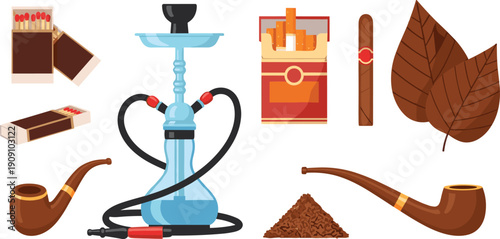 Tobacco smoking set collection, hookah pipe cigar cigarette pack matches, dry tobacco leaves smoking accessories, vector illustration isolated