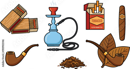 Tobacco smoking accessories collection, hookah pipe cigar cigarette pack matches, dry tobacco leaves wooden pipes, vector illustration isolated