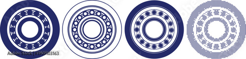 Industrial ball bearing technical illustration set with outline and dotted styles for engineering design projects