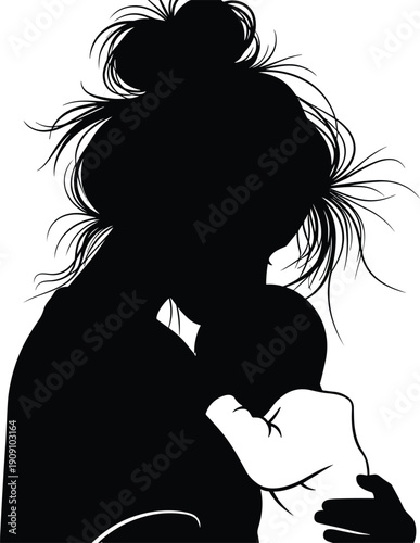 Mother holding baby silhouette illustration symbolizing love, motherhood, newborn care, bonding, family affection, parental connection and nurturing maternal moments