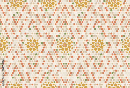 Warm boho style seamless background with abstract hand drawn terracotta mosaic tiles, Ethnic ornament and tribal sun elements. Perfect for bohemian interior decor ,textile, wallpaper and packaging