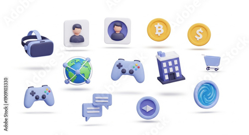 Collection of modern 3D icons representing technology and digital concepts.