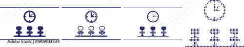Collection of four blue line art illustrations showing a waiting room with chairs and a clock in diverse styles