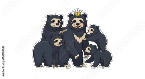 Charming Family of Spectacled Bears Wearing a Crown, Surrounded by Cubs