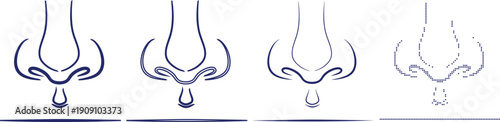 Human nose anatomy line art icon set showing breathing organ in various artistic styles for medical or beauty design