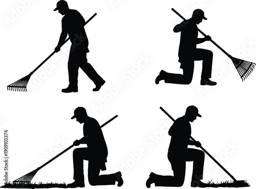 Silhouette of man raking grass and yard, kneeling and standing poses, lawn maintenance, gardening, outdoor landscaping, nature care, yard work, gardening tools