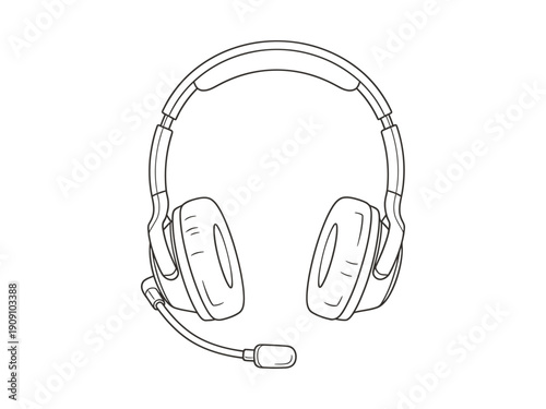 Modern headphones with microphone, line art vector illustration