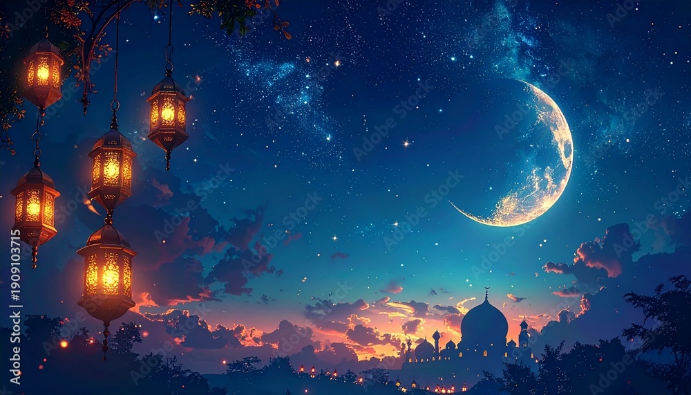 Naklejka premium Ramadan crescent moon with lanterns and stars, night sky background for mockup or overlay effect
