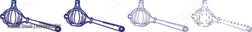 Garlic press kitchen tool utensil for food preparation and cooking, line art and dot illustration