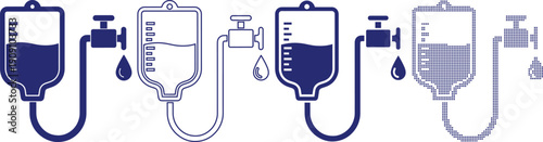 Set of four iv drip bag icons, depicting different styles of medical treatment, with one in a pixelated design