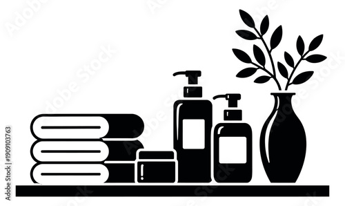 Silhouette beauty products set featuring towels, lotion bottles, a jar, and a leafy plant for personal care