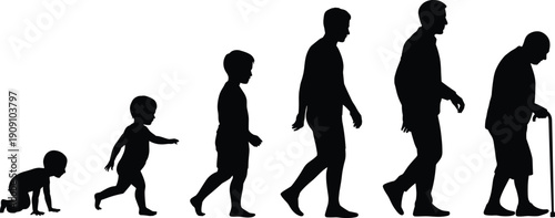 Silhouette of male life stages from crawling baby to elderly man with cane, human aging progression concept, black vector illustration.