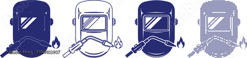 Welding mask and torch with flame in solid outline and dotted vector styles
