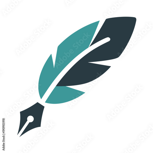 A stylized feather pen nib icon in teal and dark gray colors